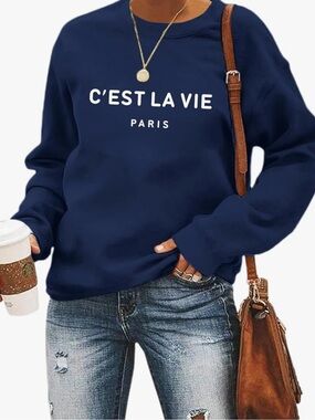 Navy Blue C'est La Vie Crew Neck Pullover Sweatshirt